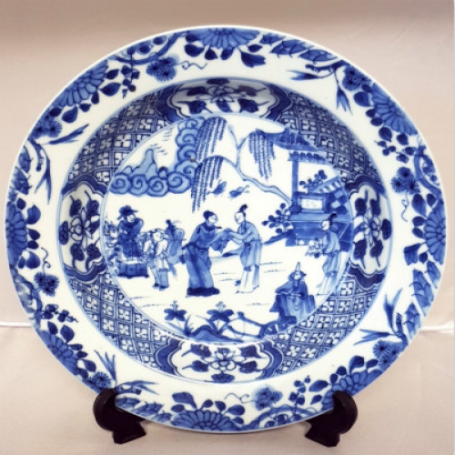 清雍正青花西厢记人物故事折沿盘