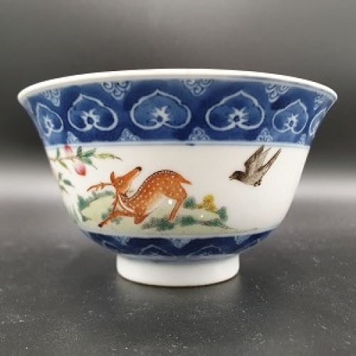 清咸丰粉彩官窑鹿鹊迎春撇口碗【藏品之22】